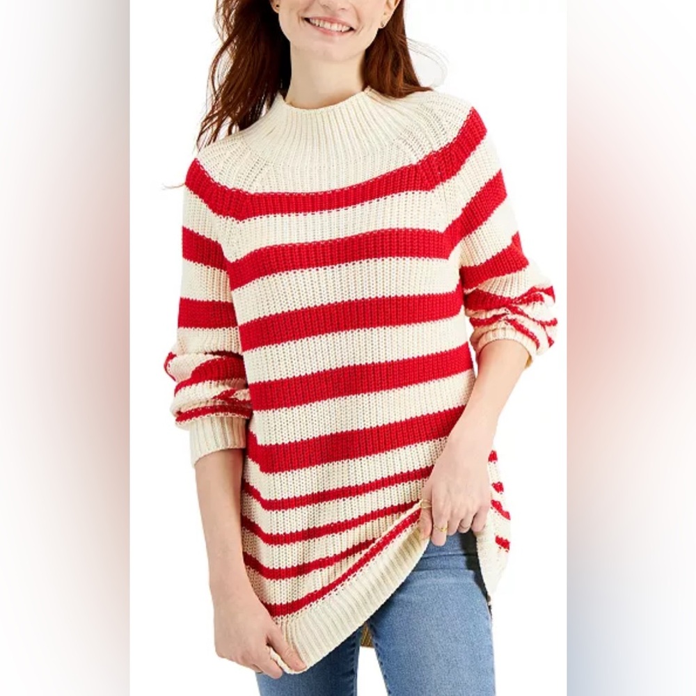 🍒STYLE & CO 100% COTTON CREAM AND RED STRIPED SWEATER SIZE X-LARGE🍒